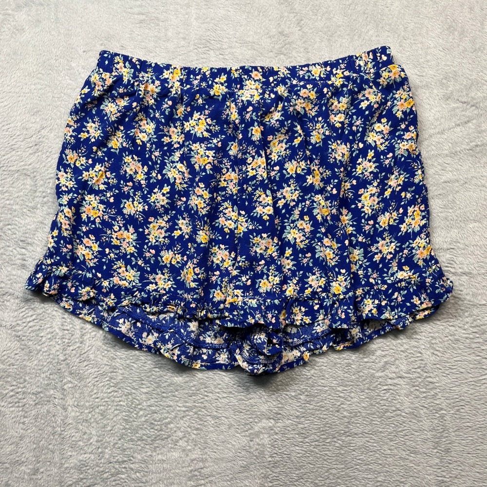 American Eagle Floral Shorts Women Blue Ruffle Hem Elastic Waist Boho Medium